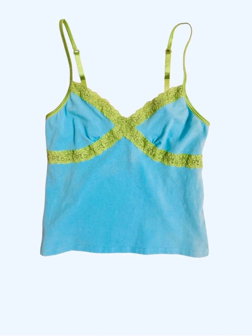 PINK Victoria's Secret Aqua Blue Camisole with Lime Lace Trim Vtg Summer Top ⭐️ - Picture 1 of 5